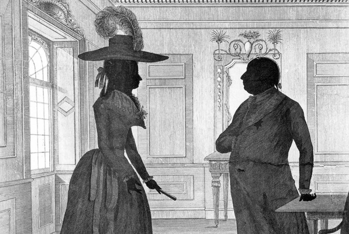 Duke Carl Eugen with Duchess Franziska, Imperial Countess zu Hohenheim, in a silhouette-style etching by J.F. Knisel